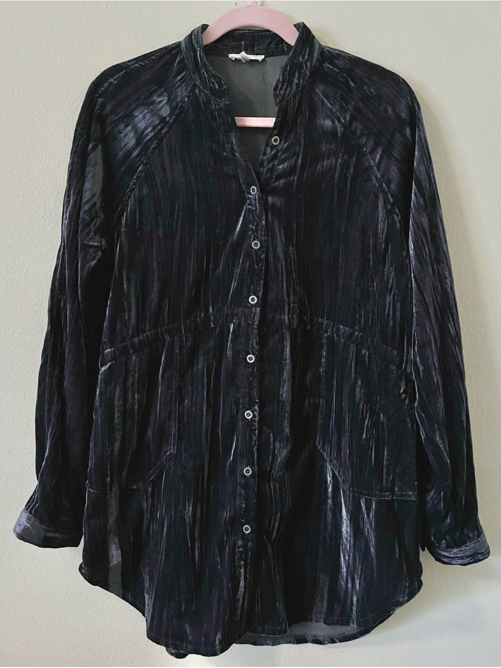 Mystree Dark Crushed Velvet Button-Down Shirt Tunic Top Womens size S